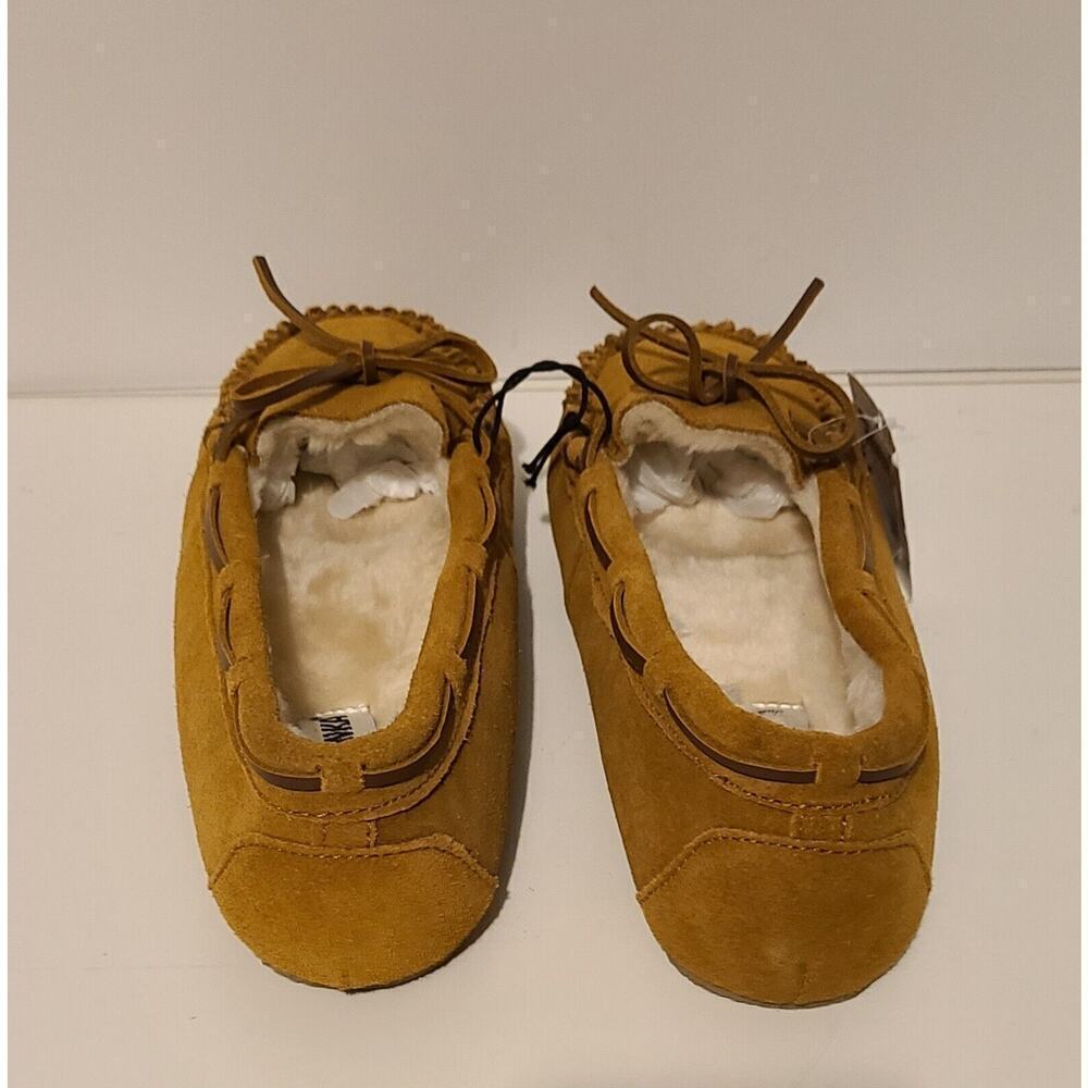 WOMEN'S MINNETONKA LEATHER SUEDE SLIPPERS MOCS FAUX SHEARLING LINING 11M NEW - Picture 4 of 10